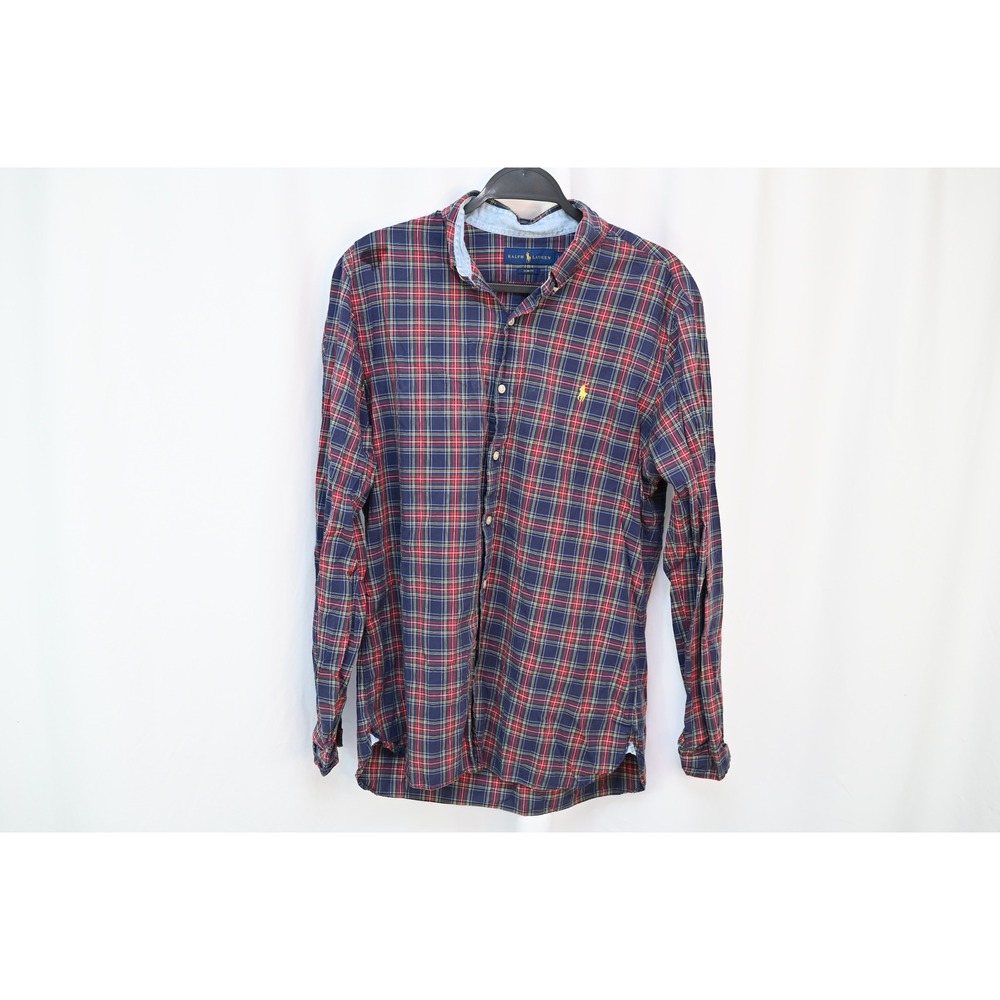 Ralph Lauren Mens Plaid Long Sleeve Button Down Shirt Slim Fit Large Navy Red